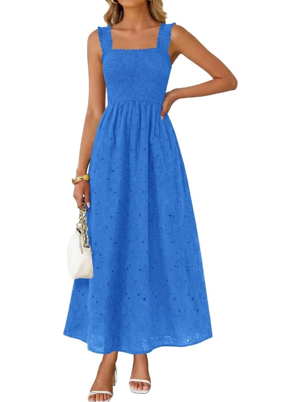 🆕 Women's Royal Blue Boho Sleeveless Square Neck Cotton Flowy Long Maxi Dress